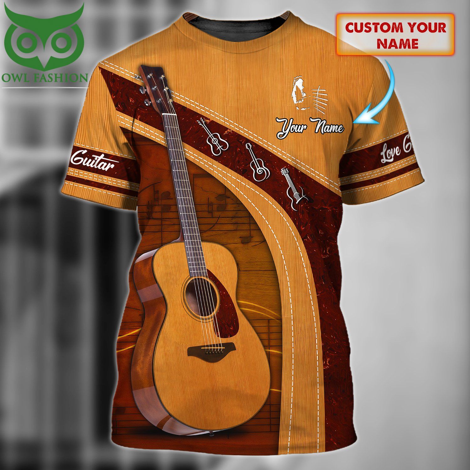 Love Guitar Sunburst Custom Name 3D Tshirt