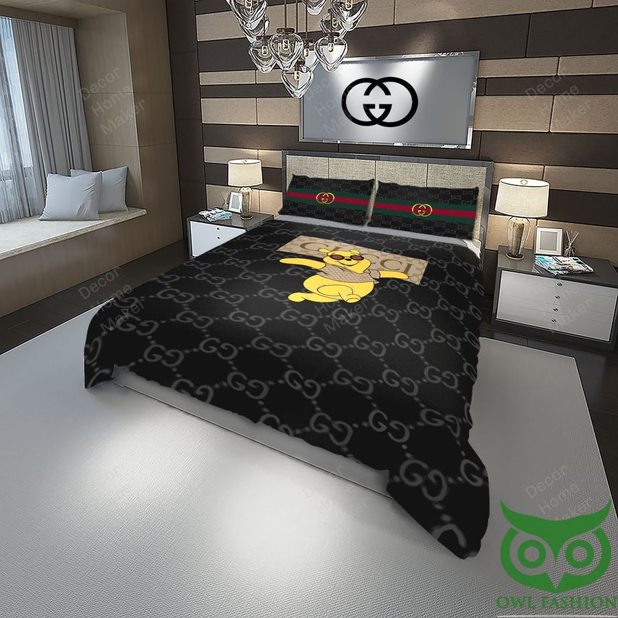 Luxury Gucci Black with Centered Logo and Winnie Pooh Bedding Set