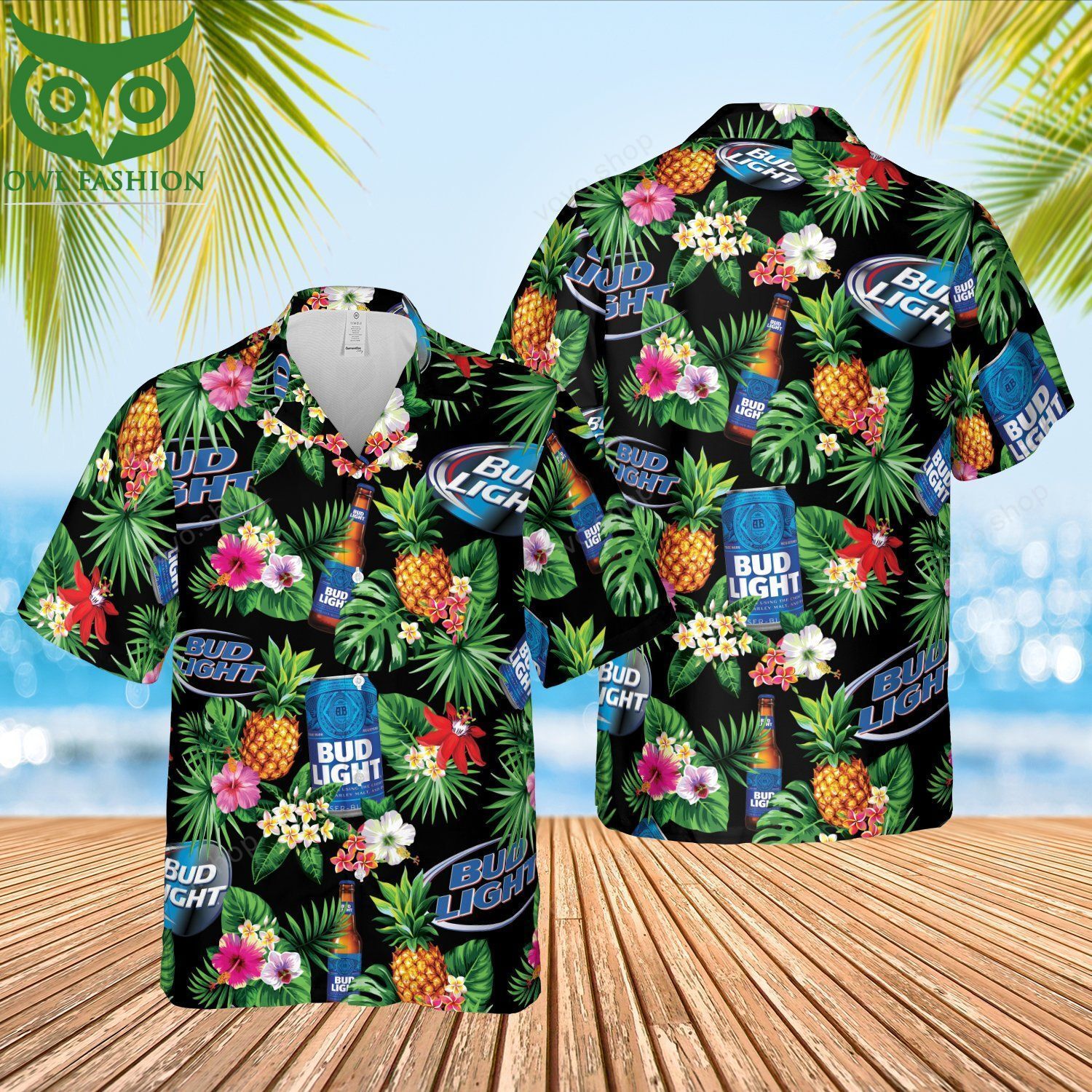 Bud Light Blue tropical flower Hawaiian Shirt and Shorts