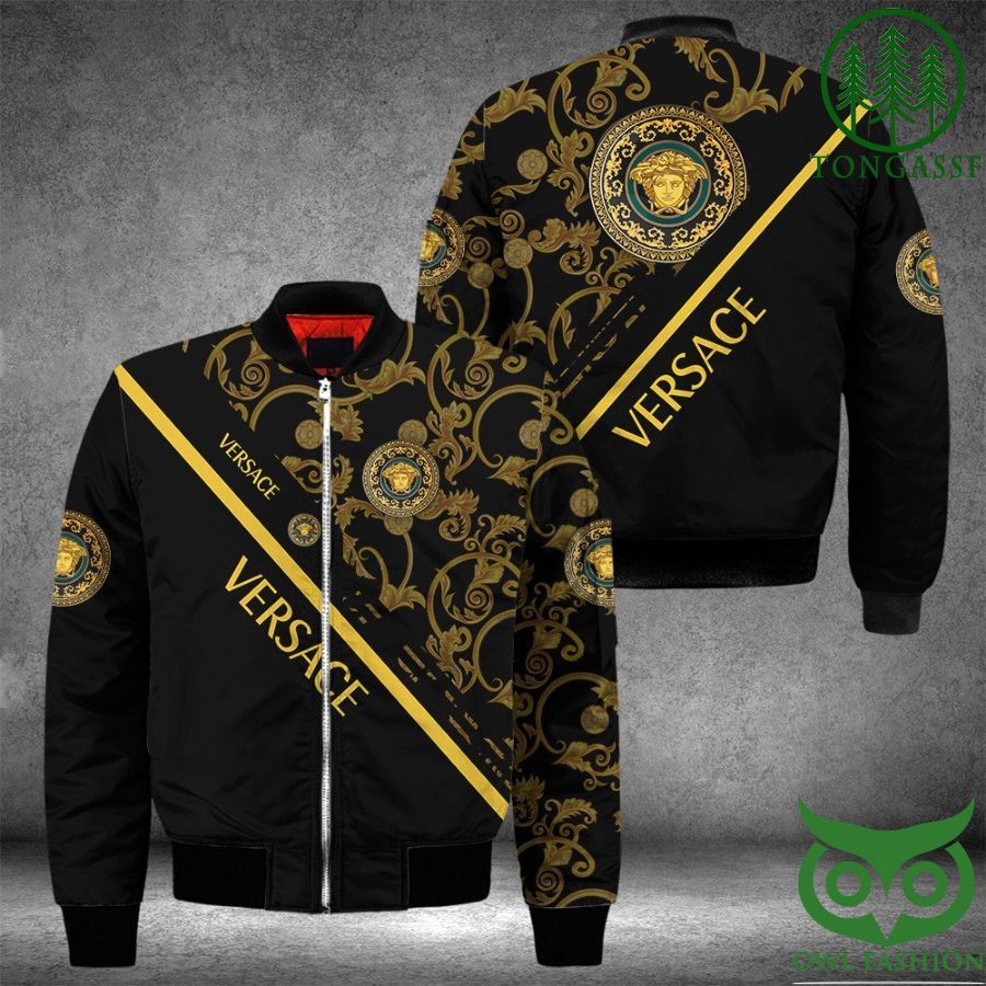 Luxury Versace Gold Color and Black Floral Pattern Bomber Jacket