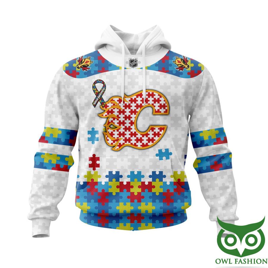 NHL Calgary Flames Autism Awareness Custom Name Number white puzzle hoodie sweatshirt