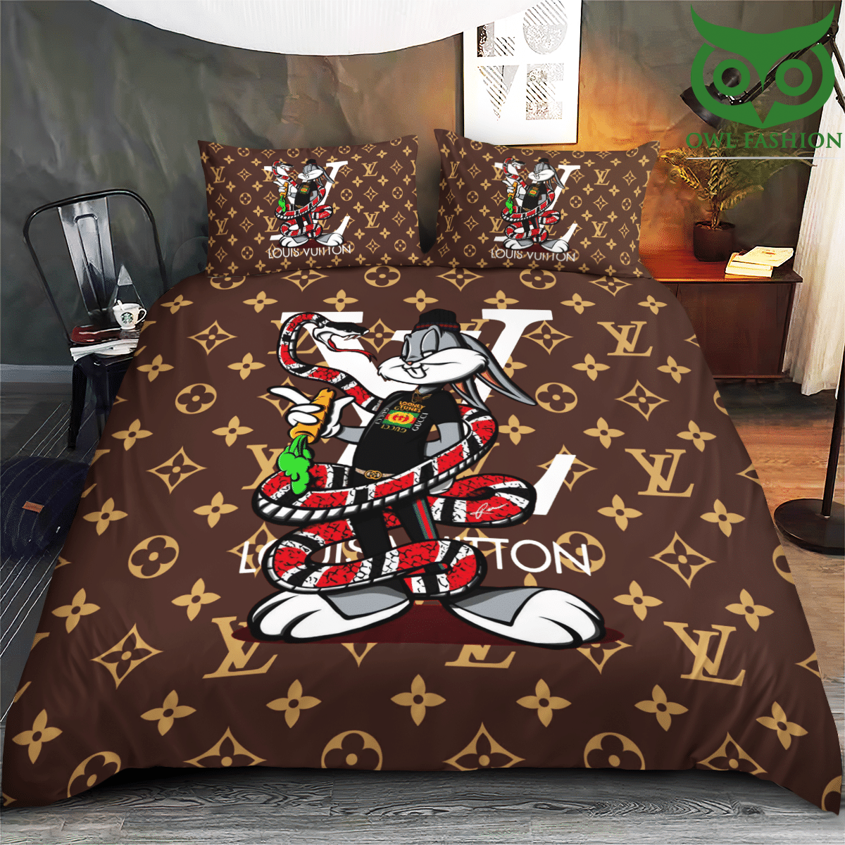 Louis Vuitton logo with Bugs Bunny luxury bedding set