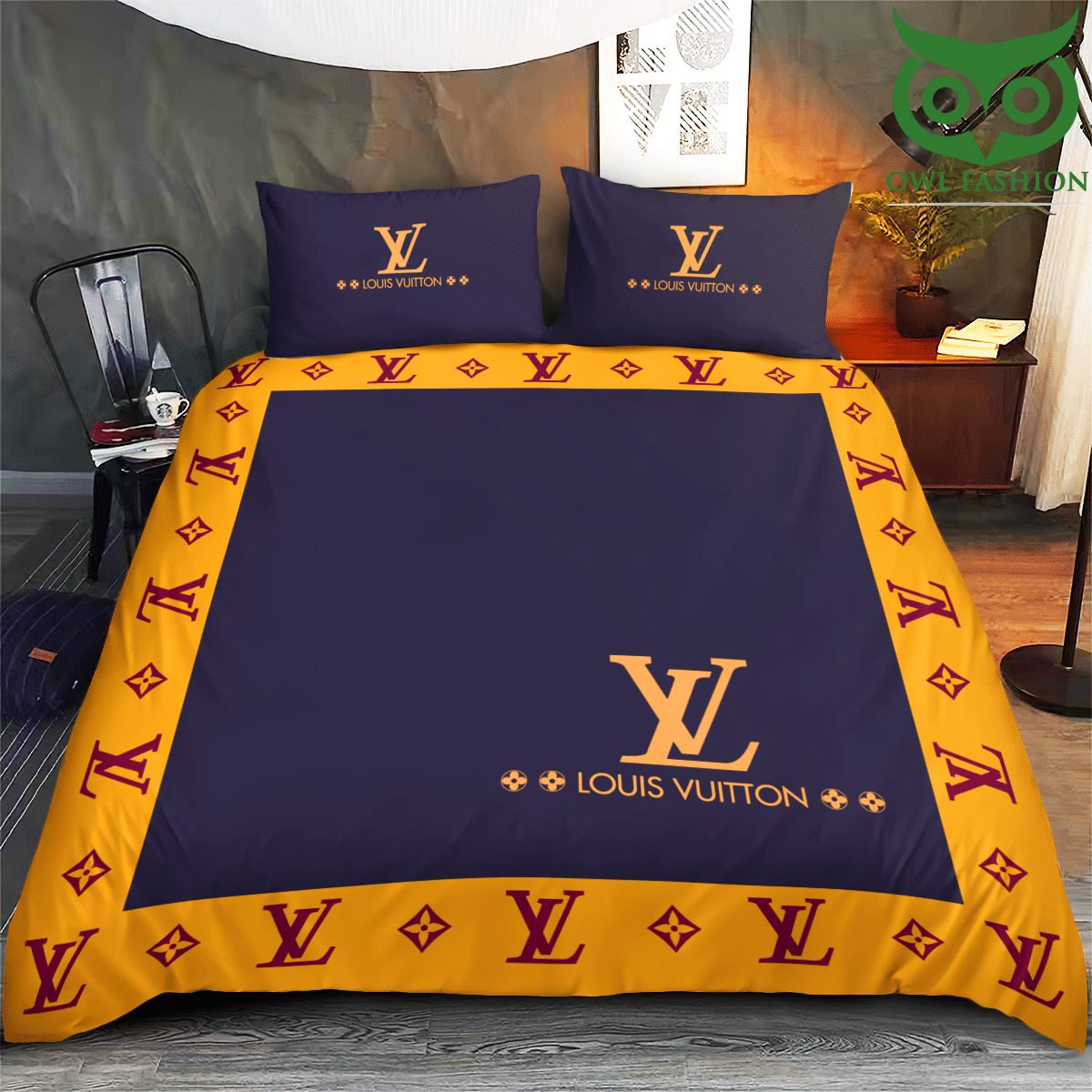 59 Louis Vuitton golden logo on navy tone bedding set