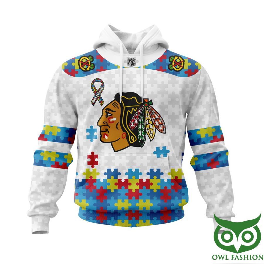 119 NHL Chicago BlackHawks Autism Awareness Custom Name Number white puzzle hoodie sweatshirt