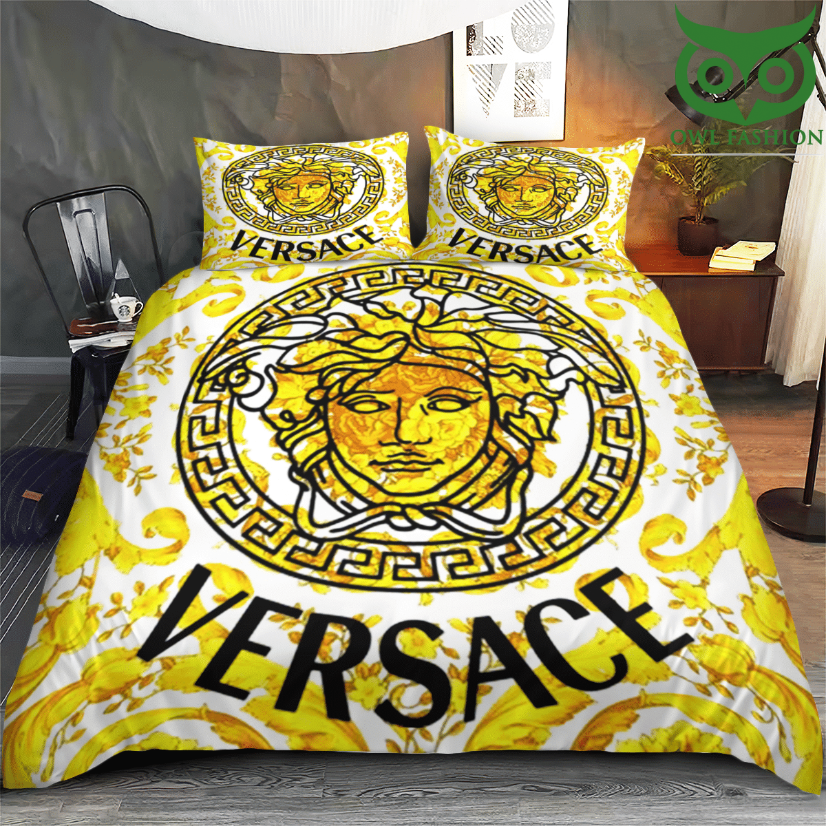 98 PREMIUM Yellow flower pattern Versace bedding set