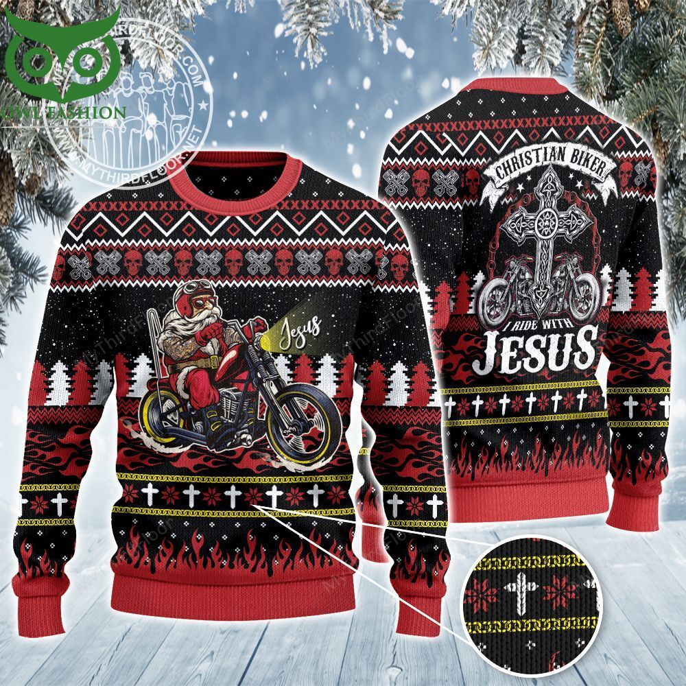 93 Christian Biker I Ride With Jesus All Over Print 3D Ugly Sweater