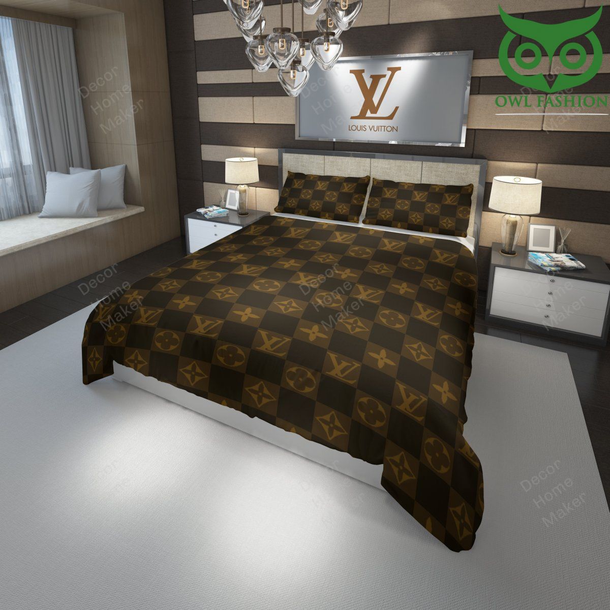 146 Brown Louis Vuitton logo caro pattern bedding set