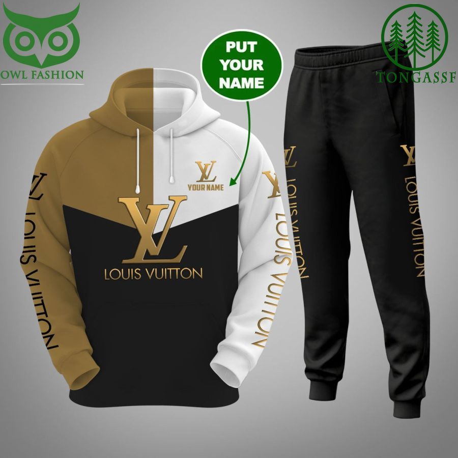 Personalized Louis Vuitton Milky Brown Black White Hoodie and Pants