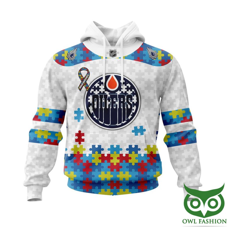 200 NHL Edmonton Oilers Autism Awareness Custom Name Number white puzzle hoodie sweatshirt