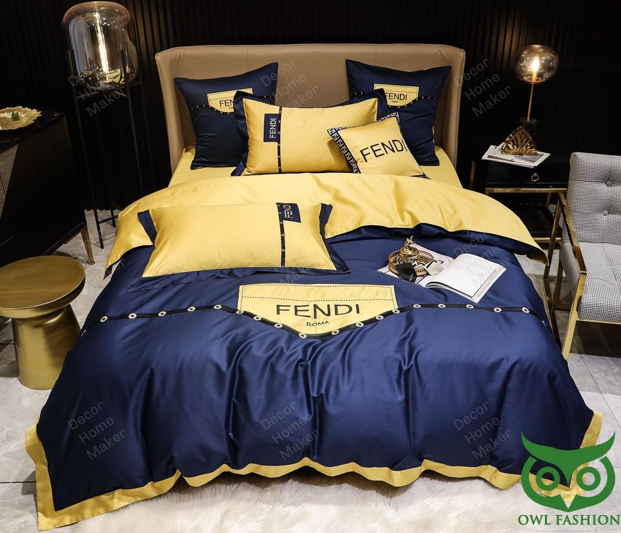 61 Luxury Fendi Roma Dark Blue and Golden Color Bedding Set