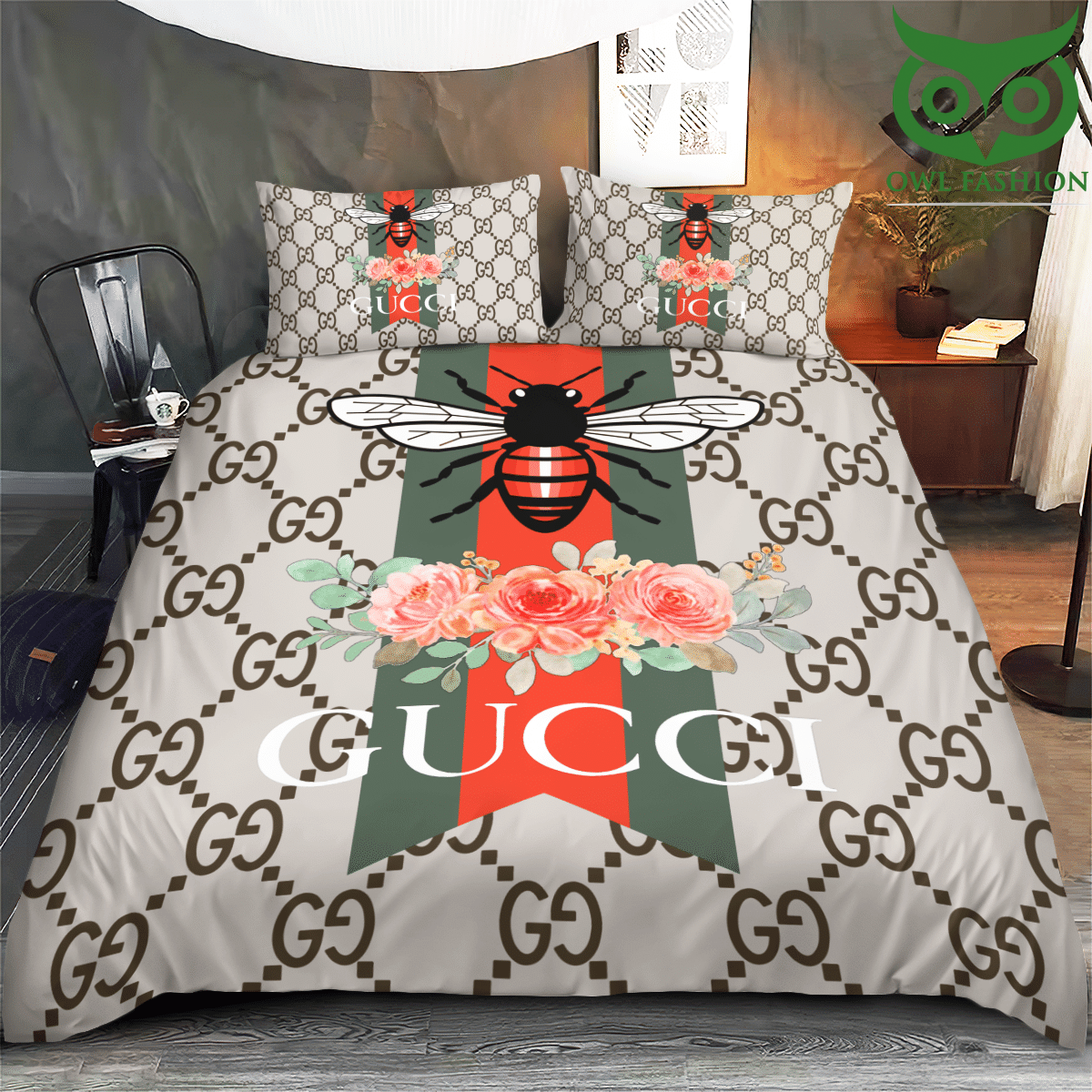65 Rose and bee Gucci luxury bedding set