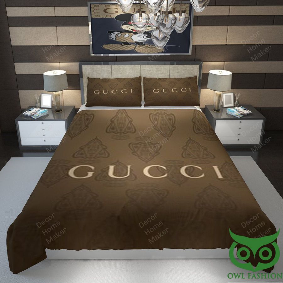 51 Luxury Gucci Brown with Big Brand Name and Patterns Bedding Set