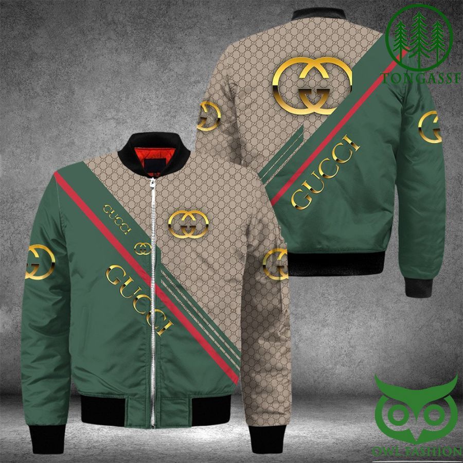 Gucci Green and Brown Big Red Diagonal Line Bomber Jacket