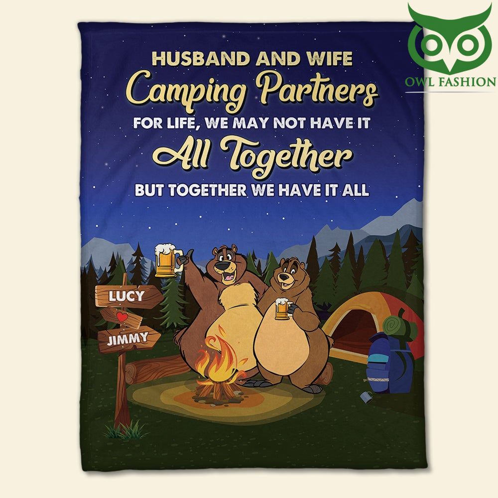 Custom Name Bear cuouple Husband Wife Camping Couple for life Fleece Blanket