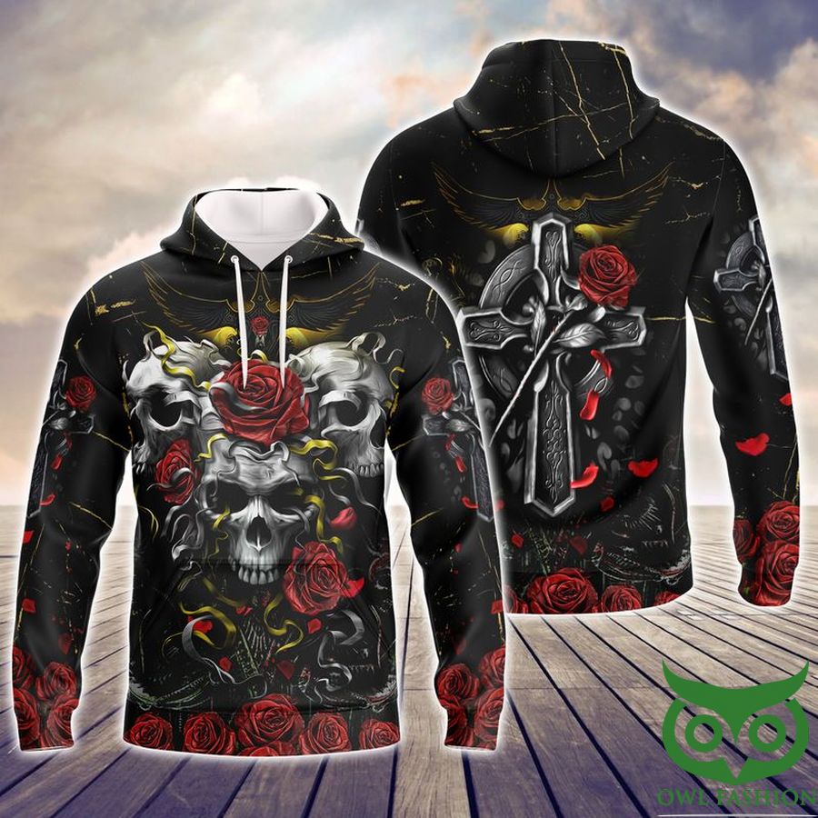 2 Skull Rose Limited Edition Full Printed Hoodie T shirt