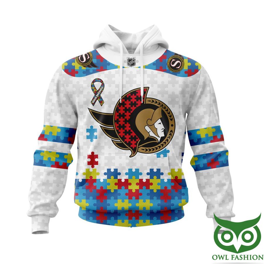 353 NHL Ottawa Senators Autism Awareness Custom Name Number white puzzle hoodie sweatshirt