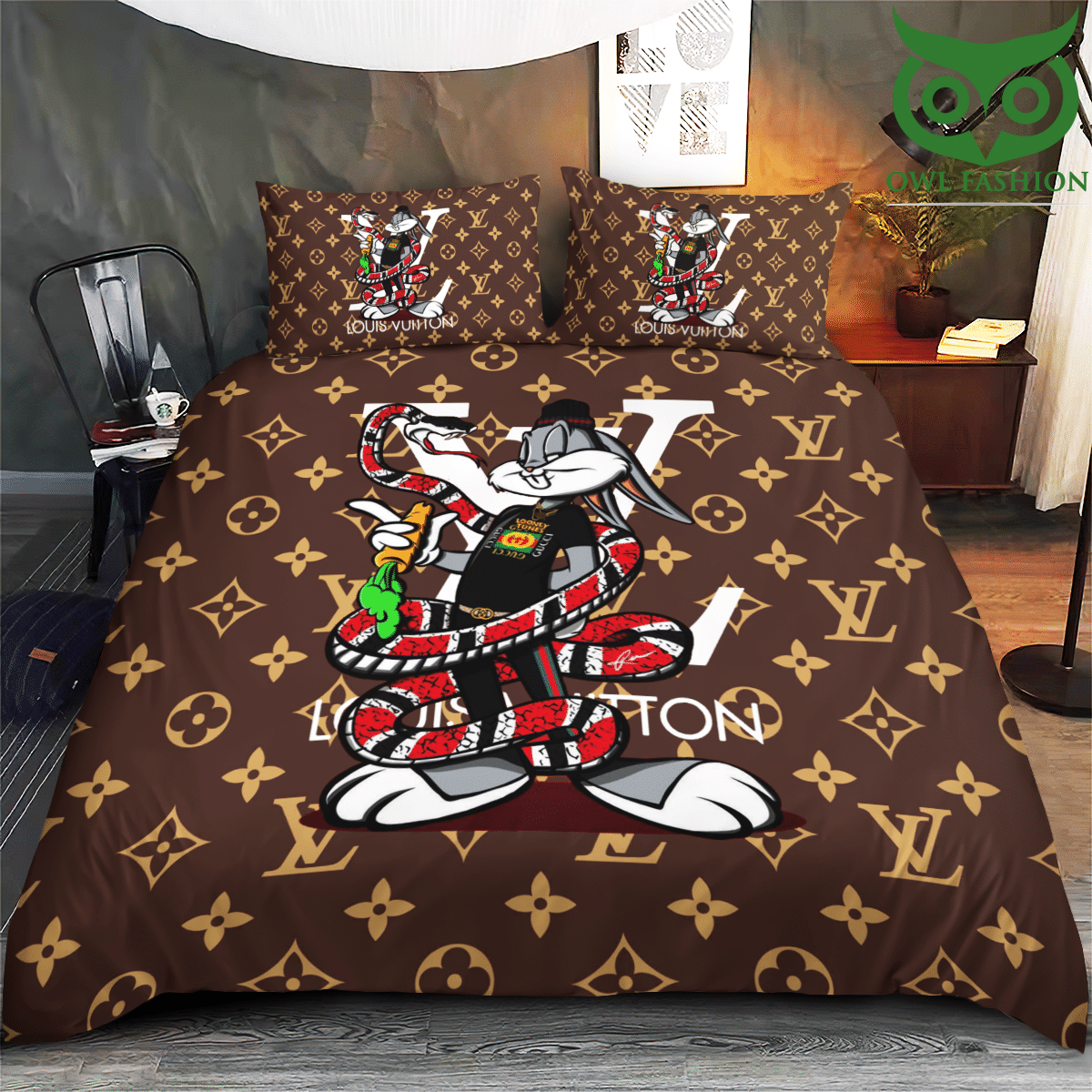 89 Louis Vuitton logo with Bugs Bunny luxury bedding set