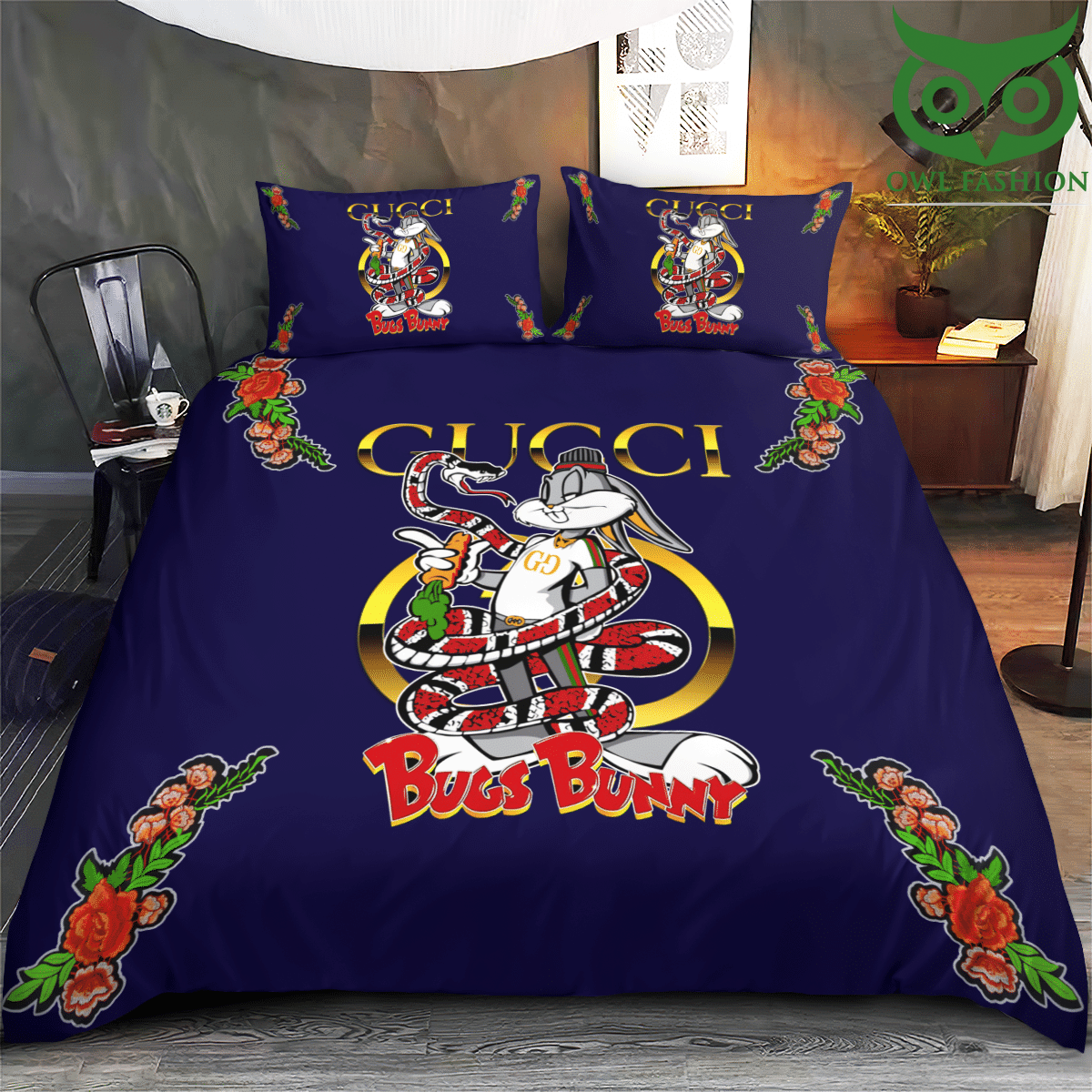 116 Gucci Bugs Bunny red rose blue bedding set