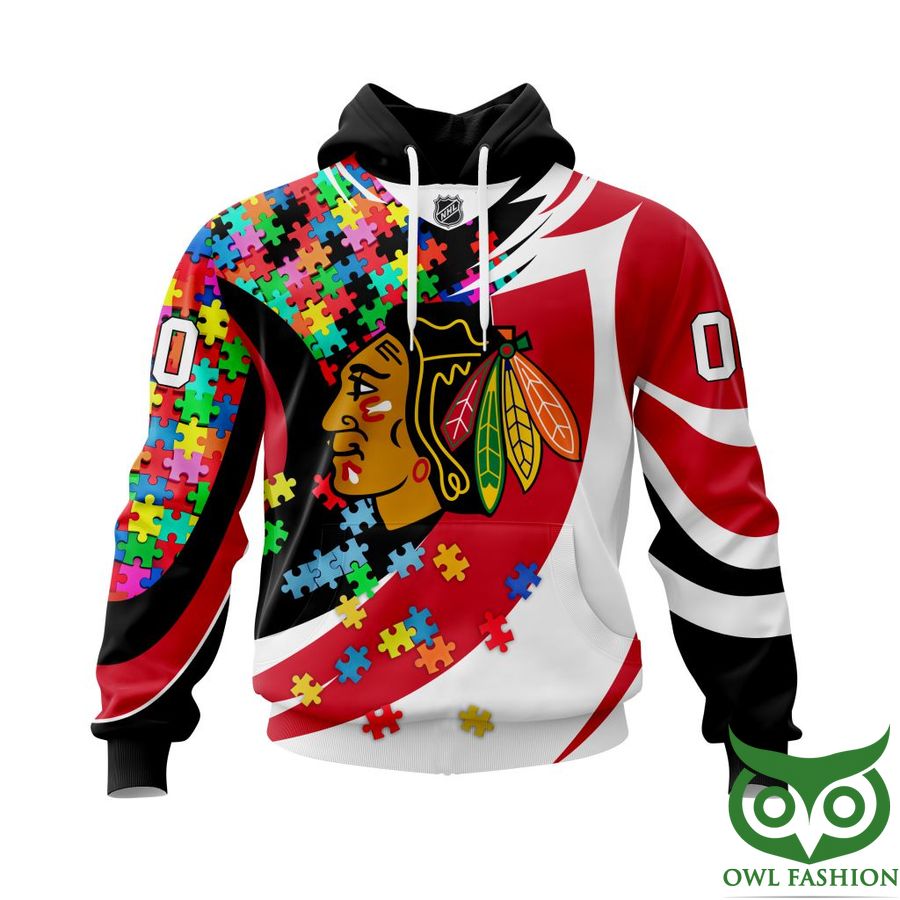 NHL Chicago BlackHawks Autism Awareness Custom Name Number colorful puzzle hoodie sweatshirt