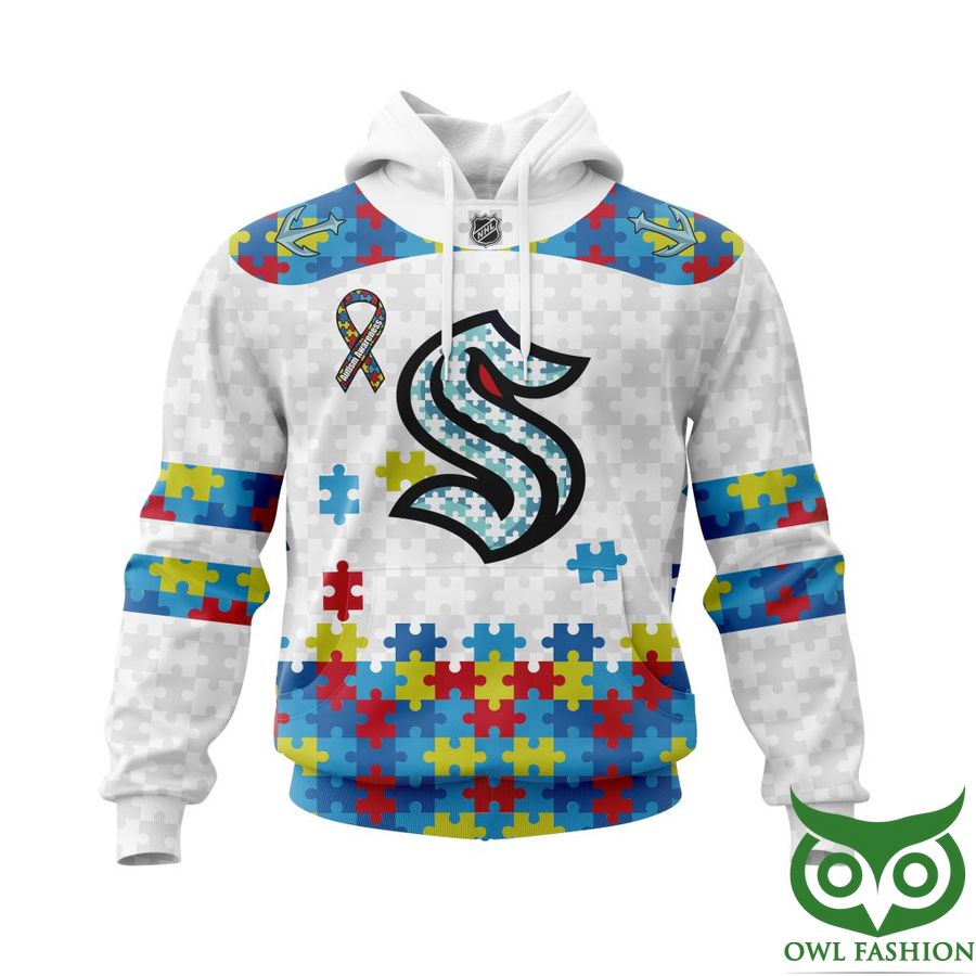 425 NHL Seattle Kraken Autism Awareness Custom Name Number white puzzle hoodie sweatshirt