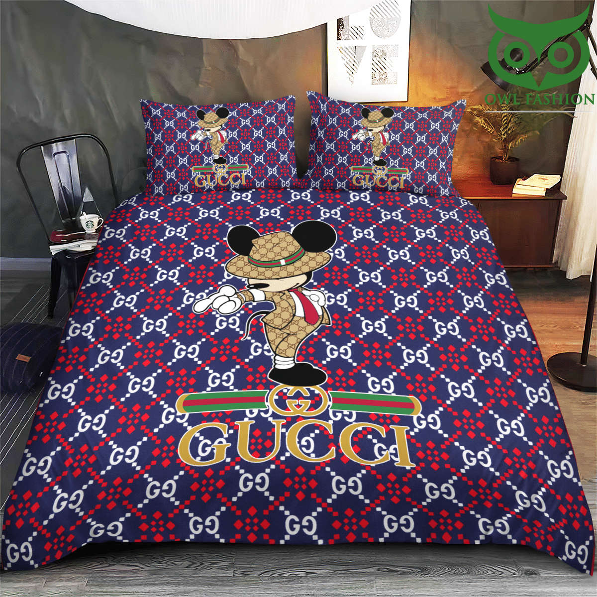 122 Mickey Mouse wearing Gucci suit blue bedding set