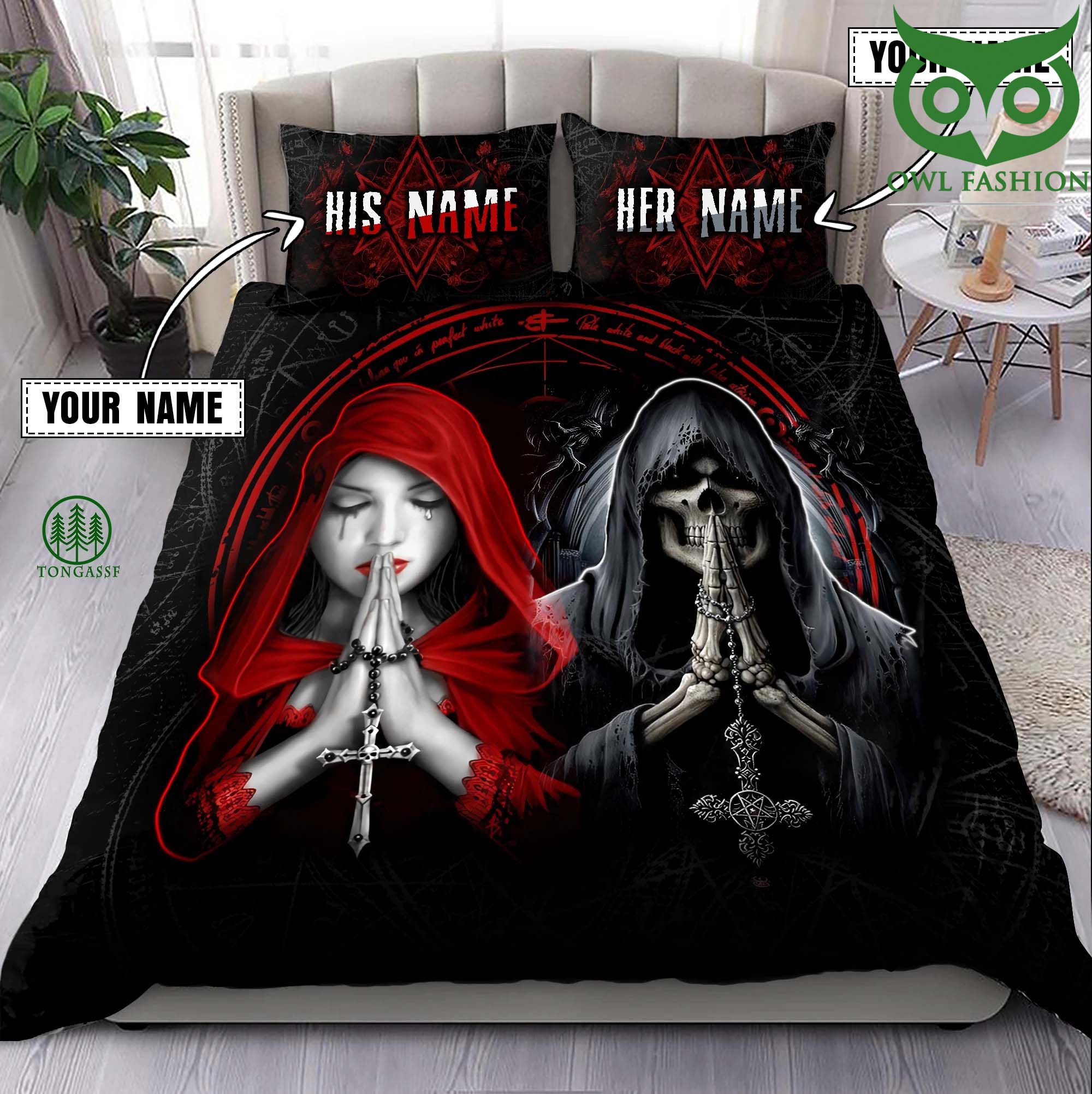 Personalized Name Couple Skull With Cross Bedding Set