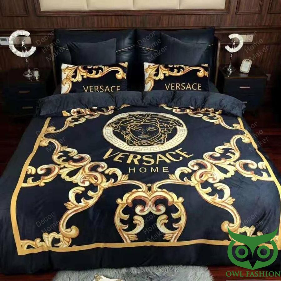 15 Luxury Versace Home Black and Golden Big Logo Bedding Set