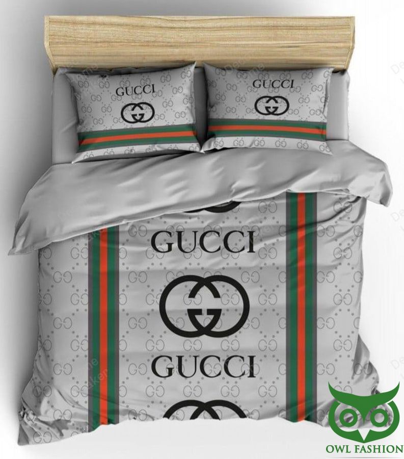 3 Luxury Gucci Gray Color Green and Red Stripes Bedding Set