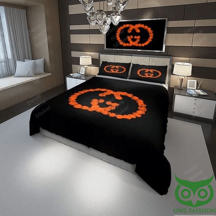 9 Luxury Gucci Black and Orange Big Logo Center Bedding Set