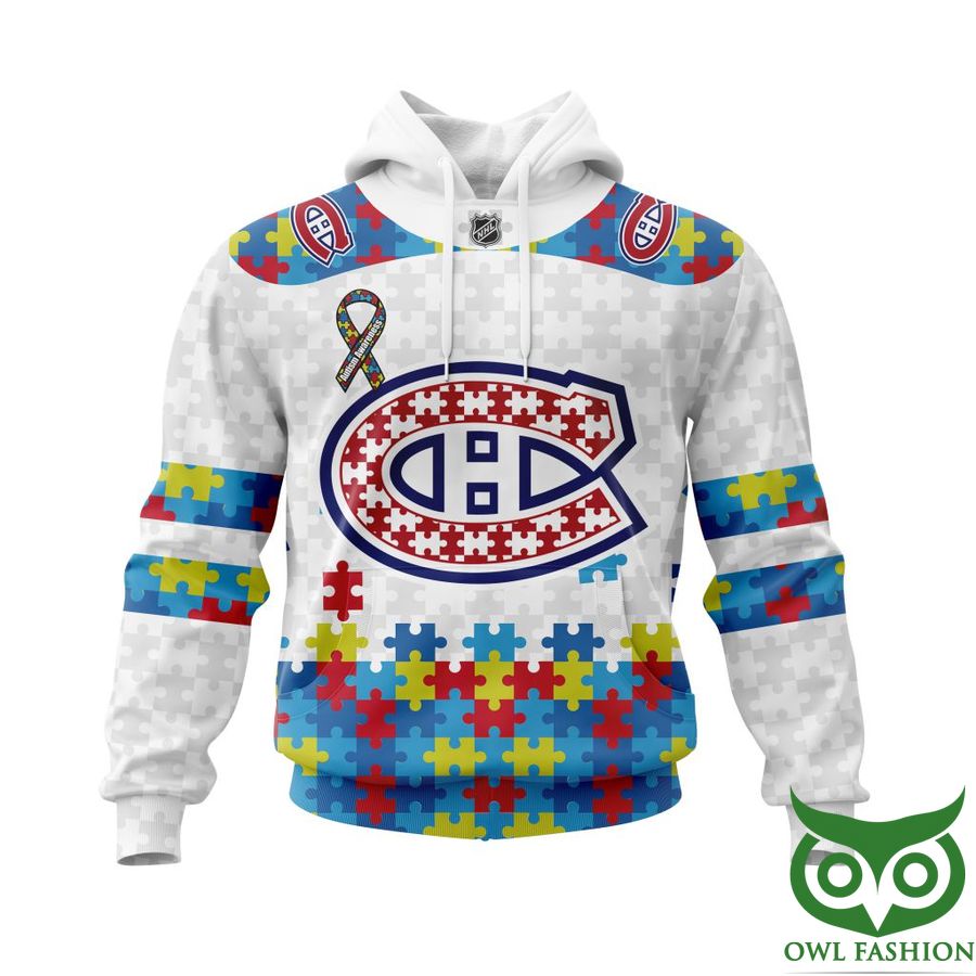 263 NHL Montreal Canadiens Autism Awareness Custom Name Number white puzzle hoodie sweatshirt