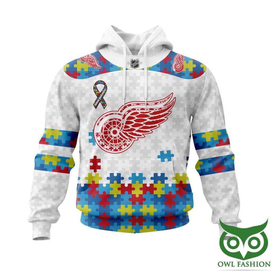 182 NHL Detroit Red Wings Autism Awareness Custom Name Number white puzzle hoodie sweatshirt