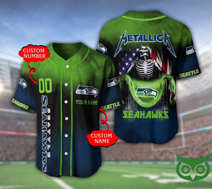 M1eTm2sX 10 Seattle Seahawks NFL 3D Custom Name Number Metallica Baseball Jersey