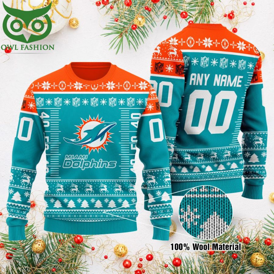 129 Custom Name Number NFL logo Miami Dolphins Ugly Christmas Sweater