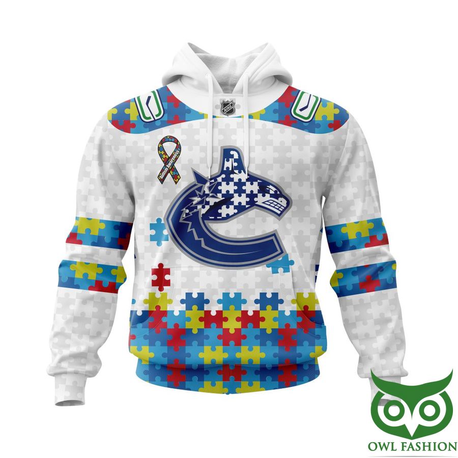 488 NHL Vancouver Canucks Autism Awareness Custom Name Number white puzzle hoodie sweatshirt