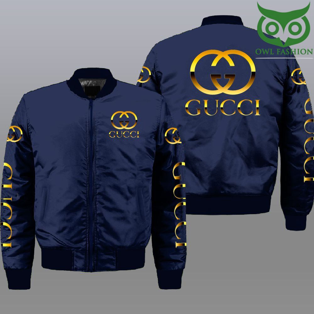 134 Gucci golden metallic logo navy 3d bomber jacket