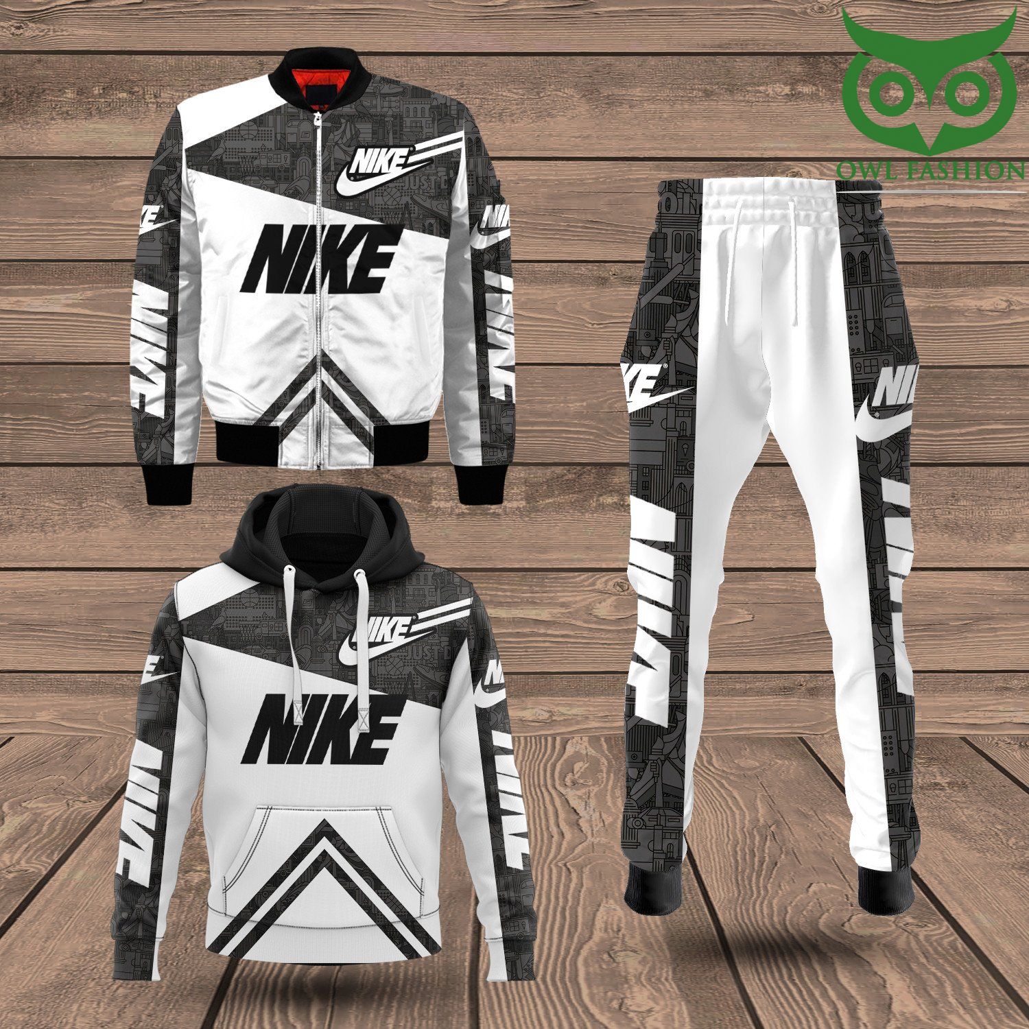 118 Nike Luxury white grey black shades bomber jacket hoodie and pants