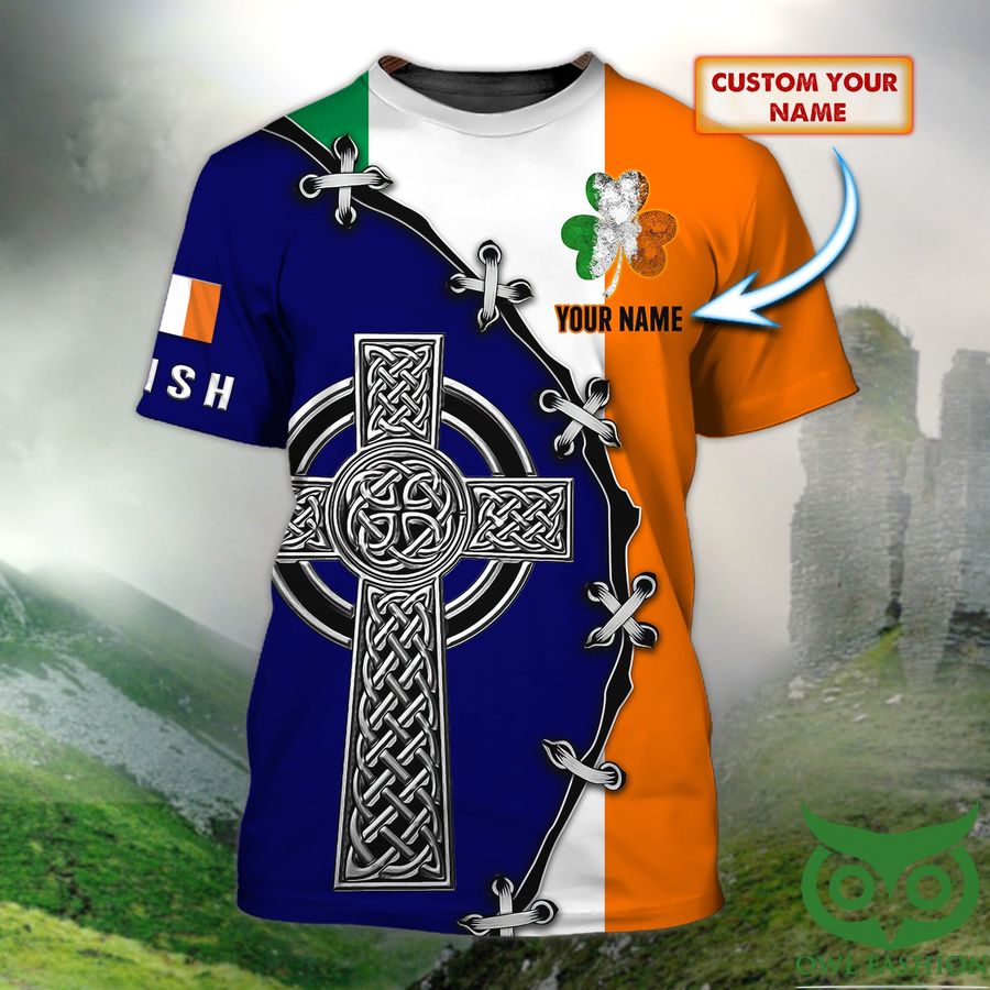 Custom Name Gray Crucifix Irish Dark Blue White Orange Green St.Patrick's Day 3D T-shirt