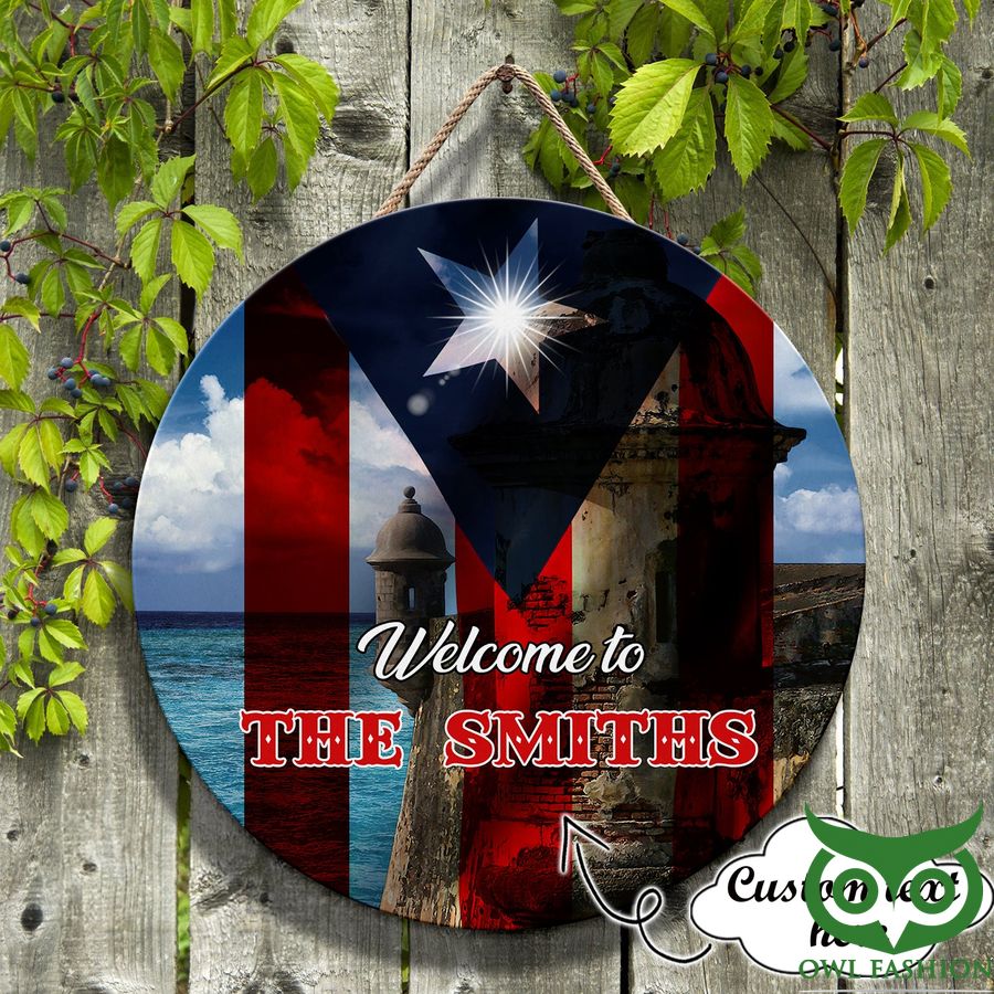 Custom Text Puerto Rico Welcome To The Smiths with Castle and Flag Wood Sign