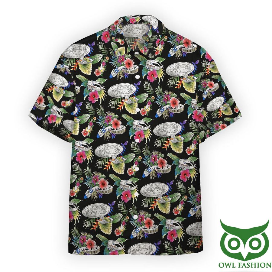 Star Trek Black with Flower and Leaves and Spaceship Patterns Hawaiian Shirt
