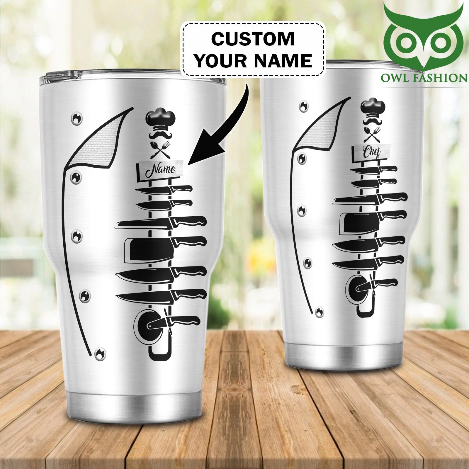 Personalized name Chef knives white Tumbler cup - Owl Fashion Shop