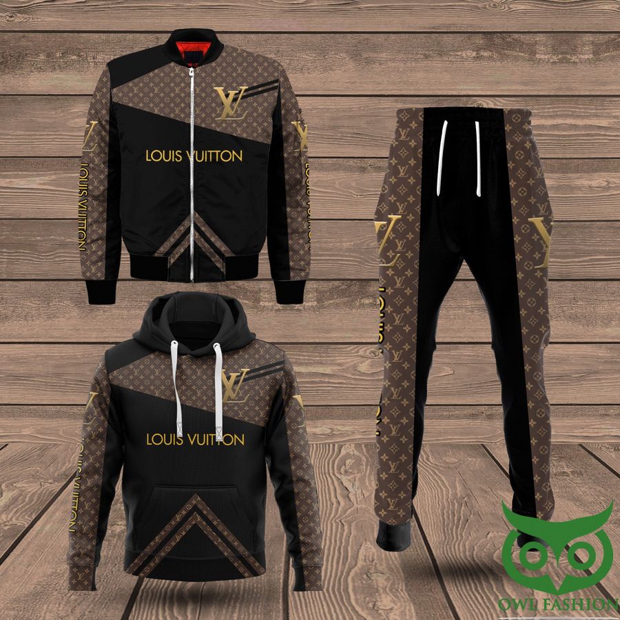 Luxury Louis Vuitton Black and Brown Lines Pattern Name Center 3D Shirt and Pants