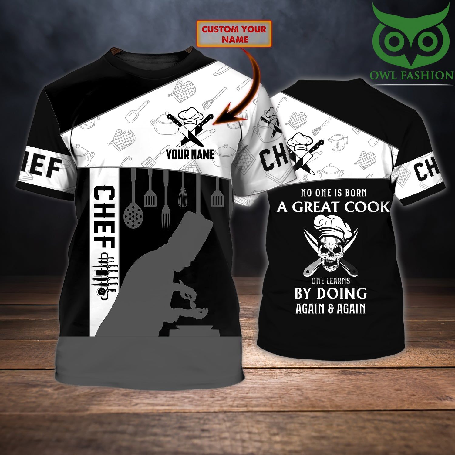 Chef no one is born a great cook personalized name 3D Tshirt