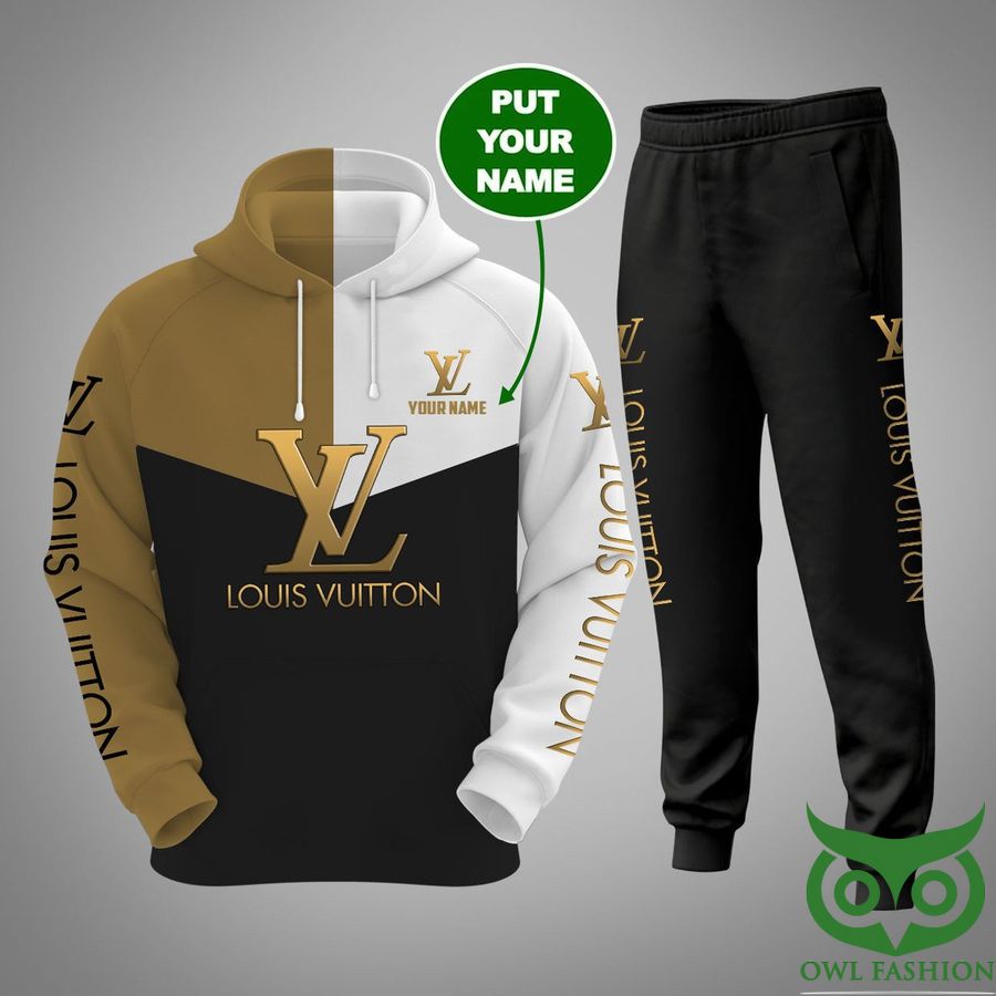 Custom Name Luxury Louis Vuitton Brown White Black with Logo Hoodie and Pants