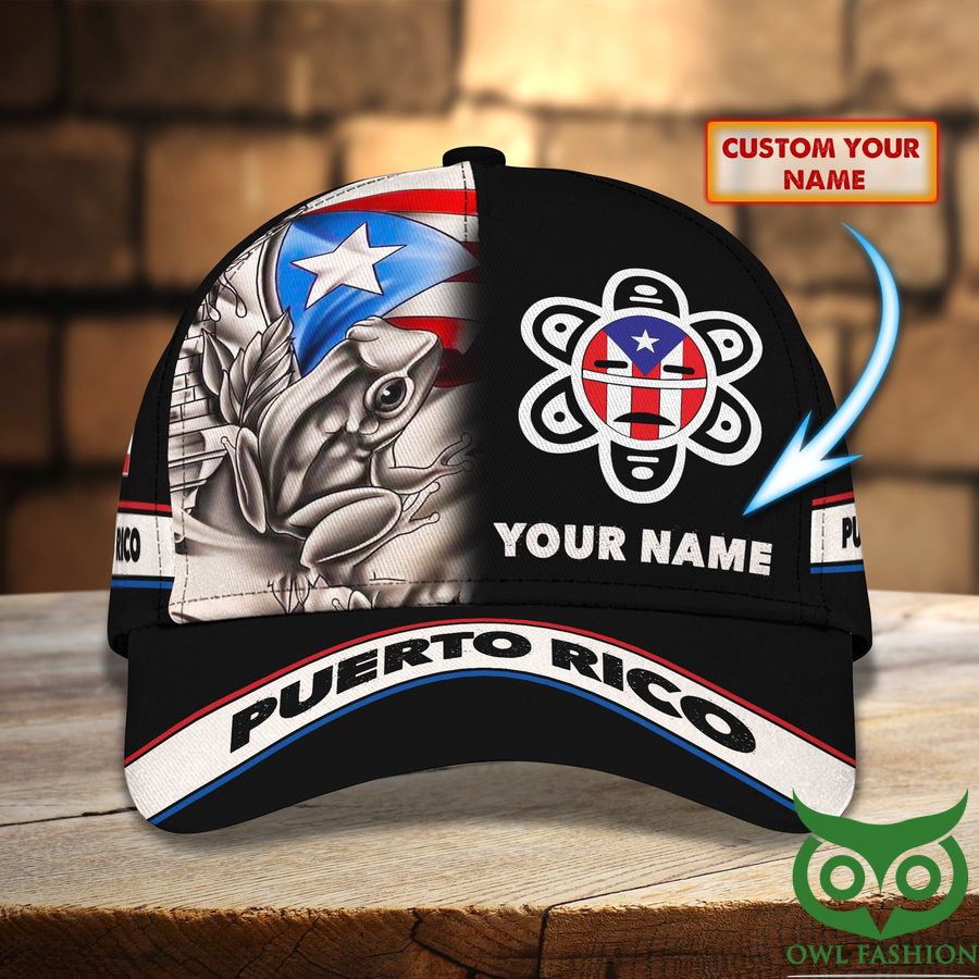 Custom Name Puerto Rico Black with Flag inside Flower and Gray Frog Classic Cap