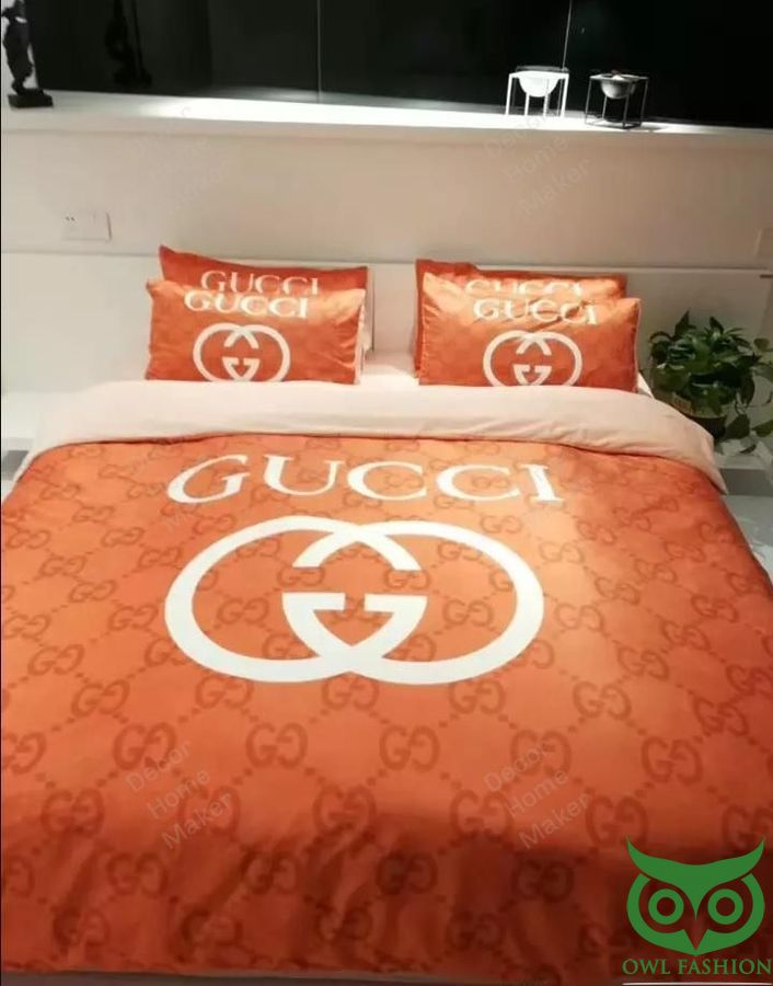Luxury Gucci Orange with Multiple Small Brown Logos and Name Bedding Set