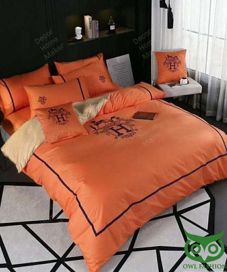 Luxury Hermes Paris Horse Logo Orange with Black Stripes Bedding Set