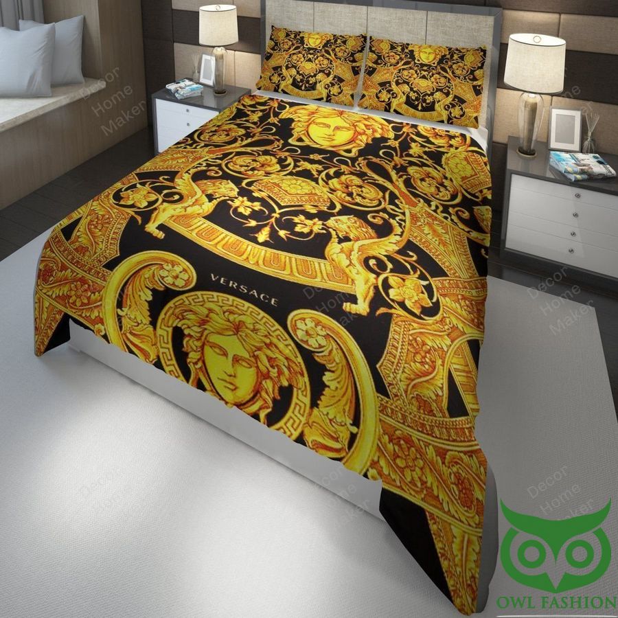 Luxury Versace Black with Gold Barocco Pattern and Medusa Bedding Set