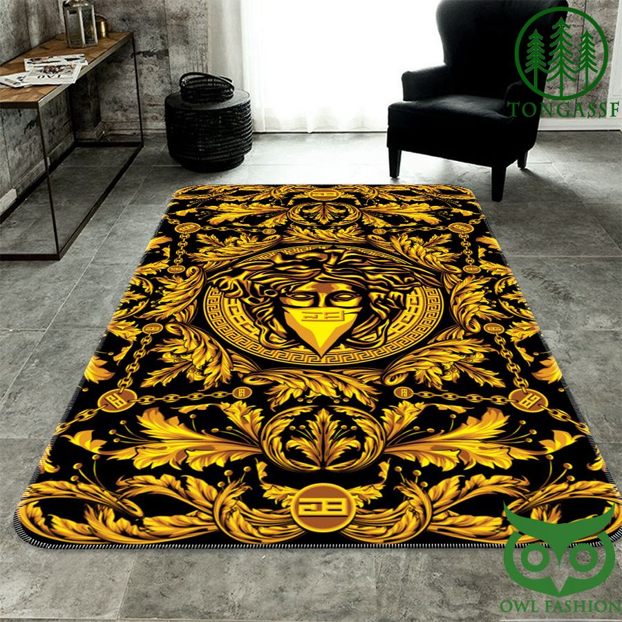 Versace face mask gold pattern black Carpet Rug
