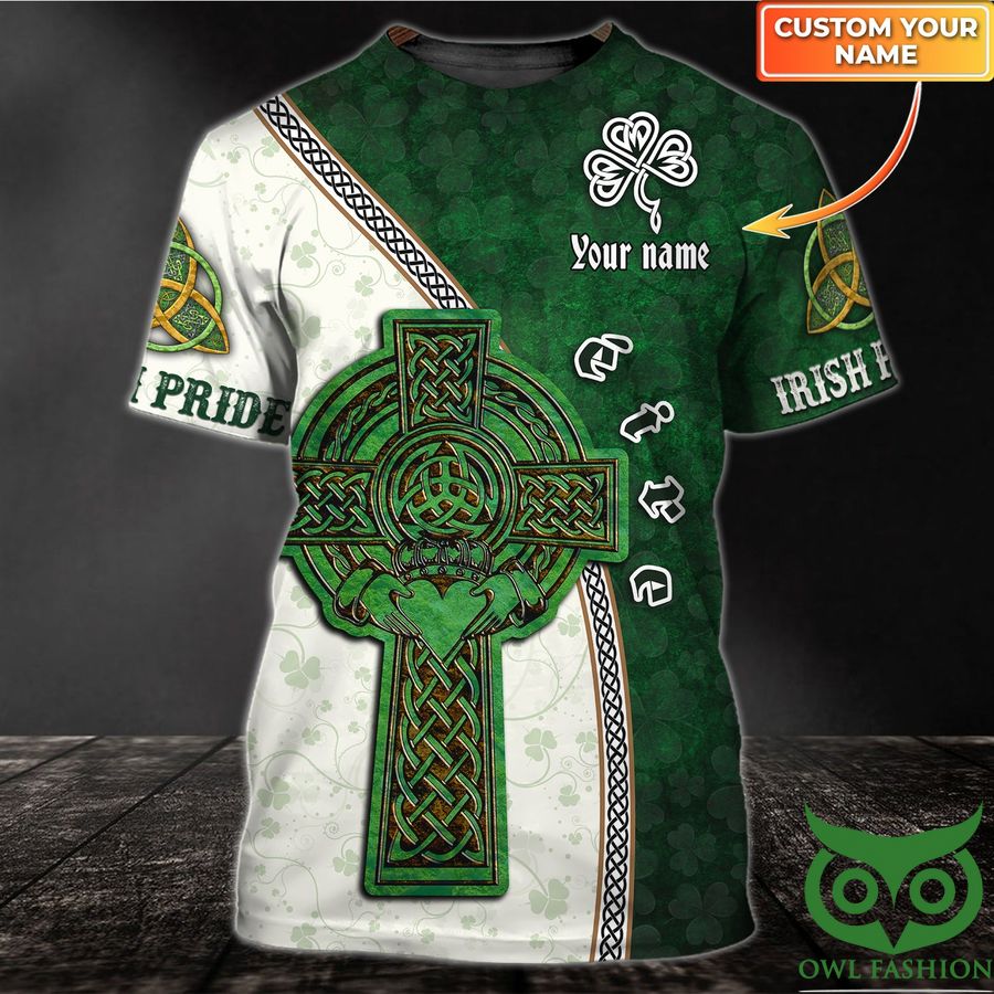 Custom Name Green Crucifix with Heart éite Irish Pride St.Patrick's Day 3D T-shirt