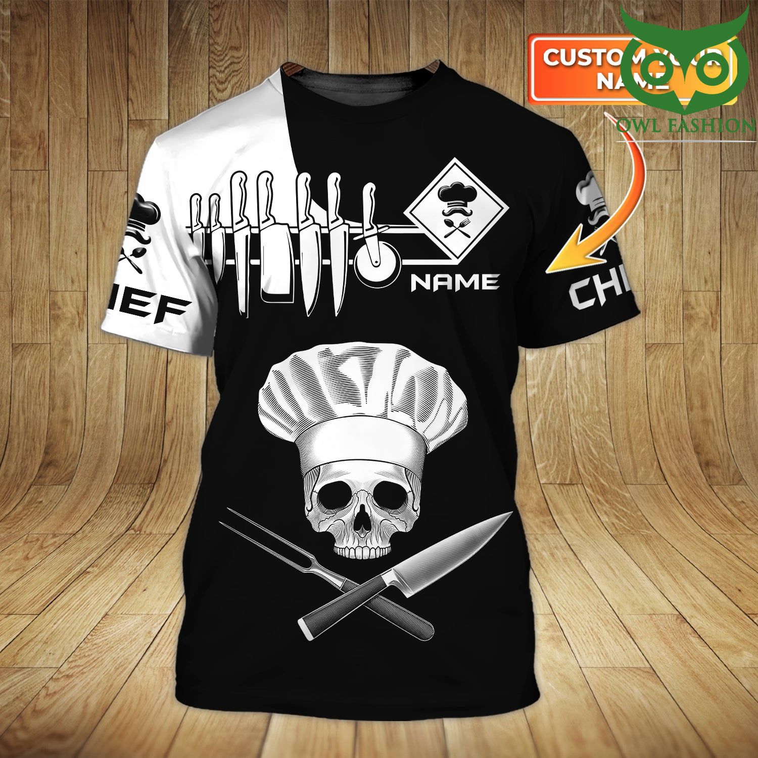 Chef skull and knives Personalized Name black 3D Tshirt